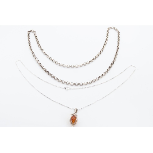 Two Silver Necklaces One with Amber Set Pendant 50cm and 60cm Long