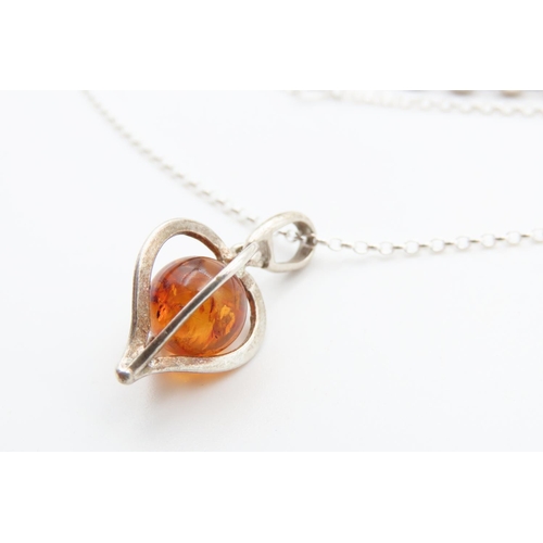 223 - Two Silver Necklaces One with Amber Set Pendant 50cm and 60cm Long