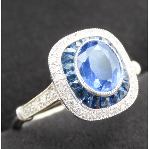 226 - Sapphire and Diamond Set Ladies Cushion Cut Burmese Sapphire Halo and Panel Set Ring Finely Set Moun... 