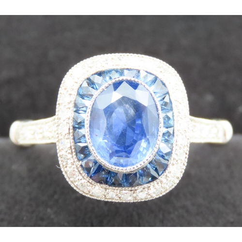 226 - Sapphire and Diamond Set Ladies Cushion Cut Burmese Sapphire Halo and Panel Set Ring Finely Set Moun... 