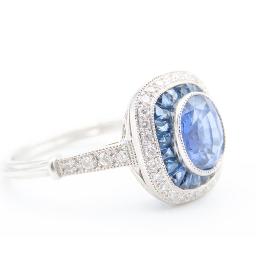 226 - Sapphire and Diamond Set Ladies Cushion Cut Burmese Sapphire Halo and Panel Set Ring Finely Set Moun... 