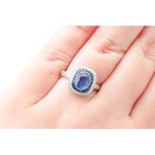 226 - Sapphire and Diamond Set Ladies Cushion Cut Burmese Sapphire Halo and Panel Set Ring Finely Set Moun... 