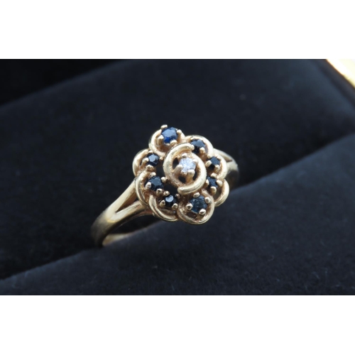 242 - 18 Carat Yellow Gold Sapphire Set Ladies Cluster Ring Attractively Detailed Ring Size R