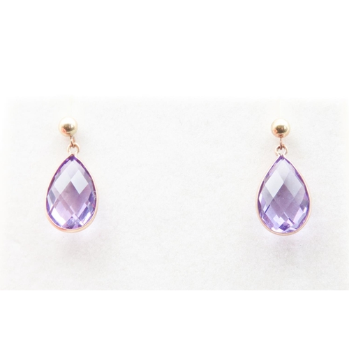 257 - Pair of Amethyst Set Tear Drop Earrings Mounted in 9 Carat Yellow Gold 2cm Drop