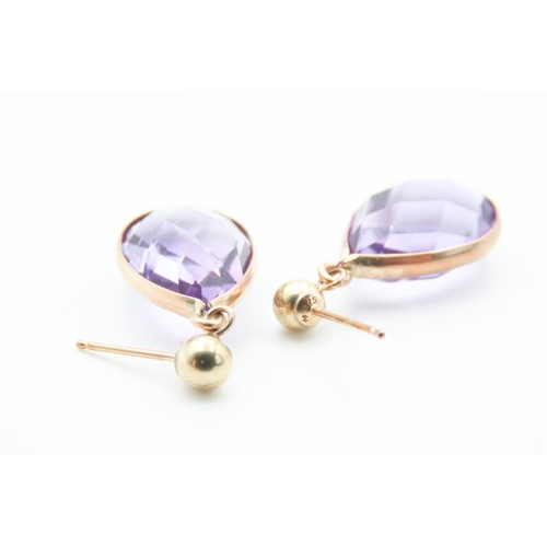 257 - Pair of Amethyst Set Tear Drop Earrings Mounted in 9 Carat Yellow Gold 2cm Drop