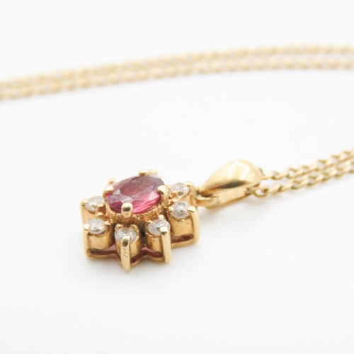 258 - Ruby and Diamond Set Ladies Cluster Pendant Set in 9 Carat Yellow Gold 1.5cm Drop Further Set on 9 C... 