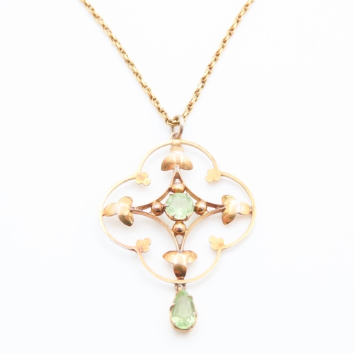 259 - Peridot Set Pendant Mounted in 9 Carat Yellow Gold 3cm Drop Attractively Detailed Further Set on 9 C... 