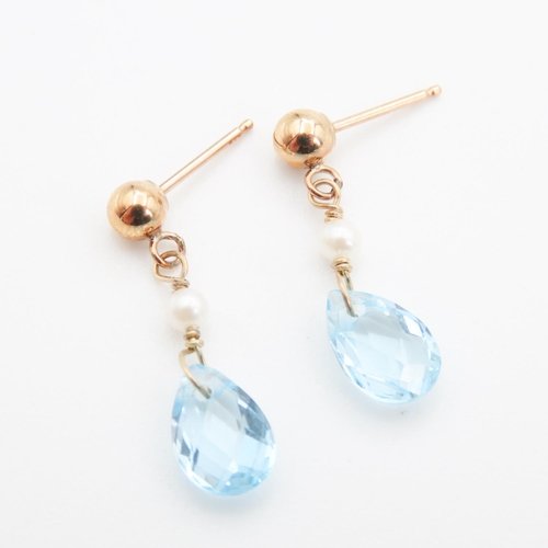 261 - Pair of Aquamarine and Seed Pearl Drop Earrings Set in 9 Carat Yellow Gold 2cm Drop