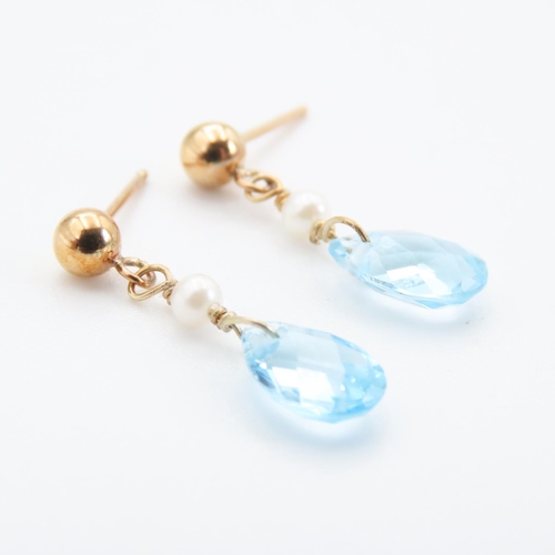 261 - Pair of Aquamarine and Seed Pearl Drop Earrings Set in 9 Carat Yellow Gold 2cm Drop