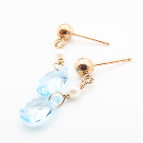 261 - Pair of Aquamarine and Seed Pearl Drop Earrings Set in 9 Carat Yellow Gold 2cm Drop