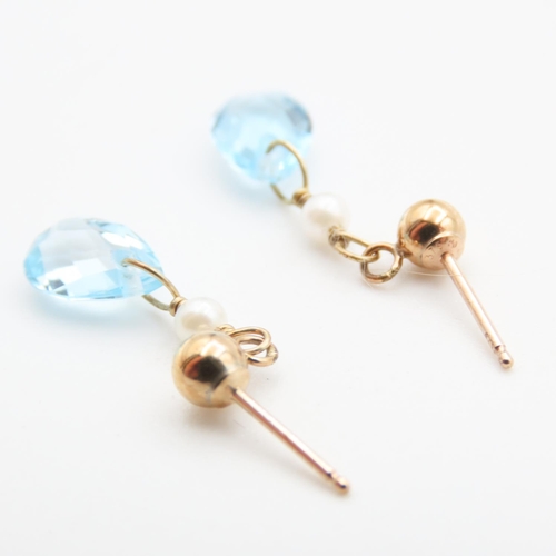 261 - Pair of Aquamarine and Seed Pearl Drop Earrings Set in 9 Carat Yellow Gold 2cm Drop