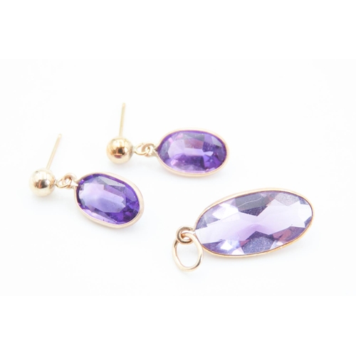 262 - Set of Oval Bezel Set Amethyst Pendant with Pair of Matching Drop Earrings Mounted in 9 Carat Yellow... 