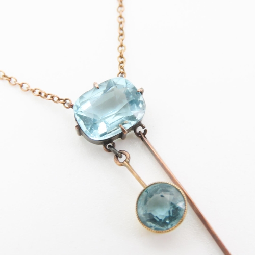 264 - Three Stone Aquamarine Set Necklace Mounted in 9 Carat Yellow Gold chain 40cm Long Pendant 4cm