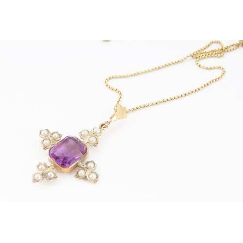 268 - Victorian Amethyst and Seed Pearl Set Cross Pendant Mounted in Silver gilt 3.5cm Drop Further Set on... 