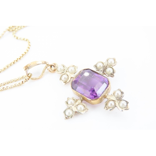 268 - Victorian Amethyst and Seed Pearl Set Cross Pendant Mounted in Silver gilt 3.5cm Drop Further Set on... 