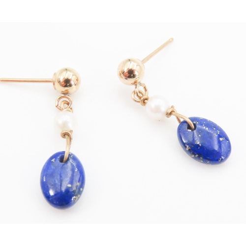 271 - Pair of Lapis Lazuli and Seed Pearl Earrings Set in 9 Carat Yellow Gold 1.5cm Drop