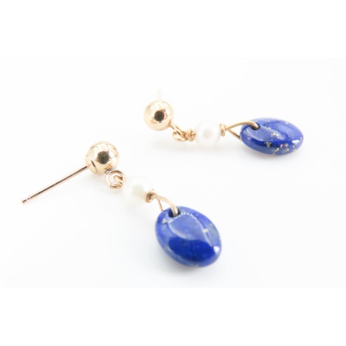 271 - Pair of Lapis Lazuli and Seed Pearl Earrings Set in 9 Carat Yellow Gold 1.5cm Drop