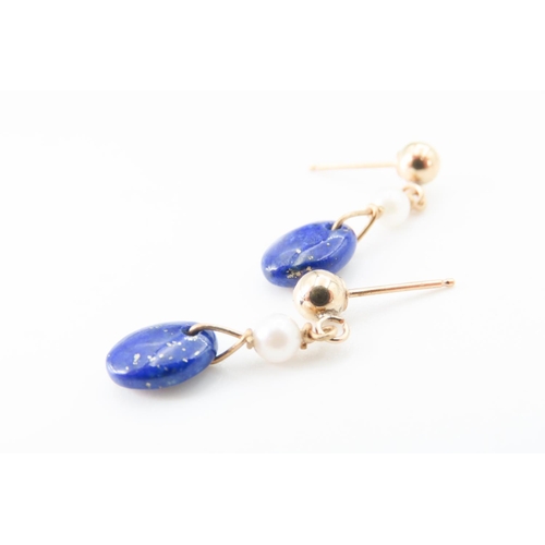 271 - Pair of Lapis Lazuli and Seed Pearl Earrings Set in 9 Carat Yellow Gold 1.5cm Drop