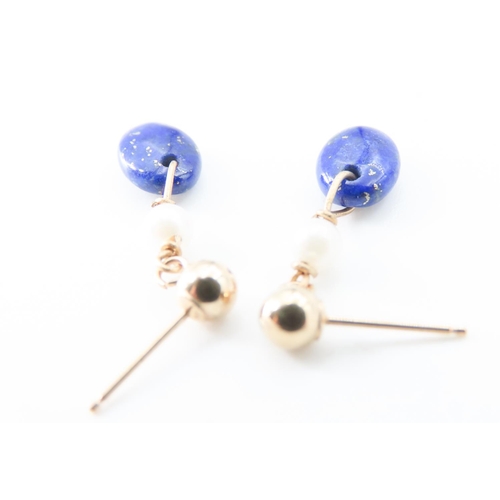 271 - Pair of Lapis Lazuli and Seed Pearl Earrings Set in 9 Carat Yellow Gold 1.5cm Drop