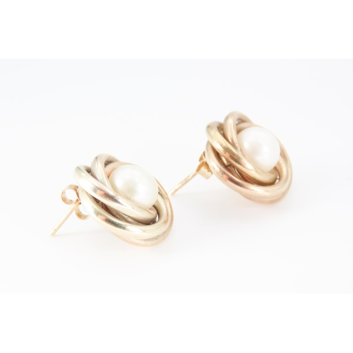 274 - Pair of  Pearl Set 9 Carat Yellow Gold Loop Form Earrings Each 1.5cm Diameter