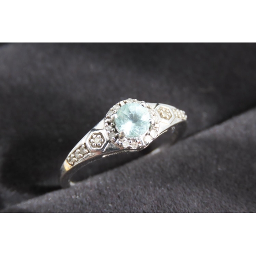 276 - Aquamarine Centre Stone Ring with Diamond Halo Set Mounted in 9 Carat White Gold with Further Diamon... 