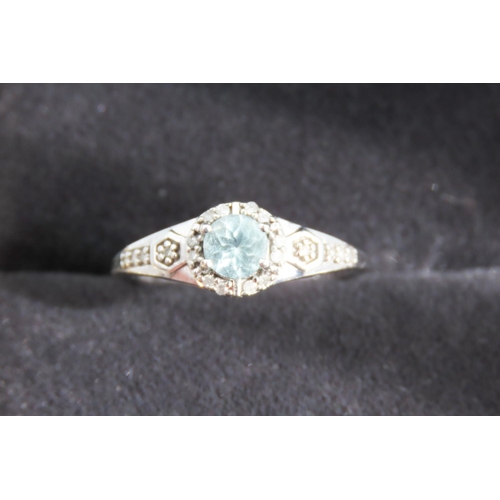 276 - Aquamarine Centre Stone Ring with Diamond Halo Set Mounted in 9 Carat White Gold with Further Diamon... 