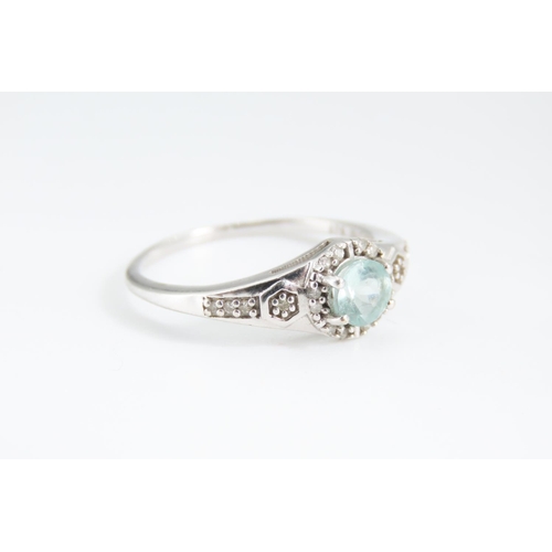 276 - Aquamarine Centre Stone Ring with Diamond Halo Set Mounted in 9 Carat White Gold with Further Diamon... 