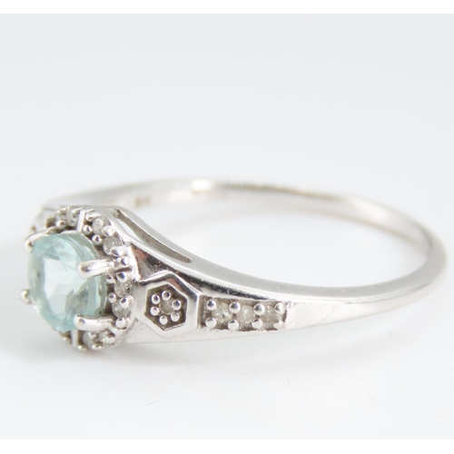 276 - Aquamarine Centre Stone Ring with Diamond Halo Set Mounted in 9 Carat White Gold with Further Diamon... 