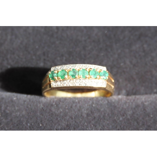 279 - Three Row Emerald and Diamond Set Ring Mounted in 18 Carat Yellow Gold Ring Size O