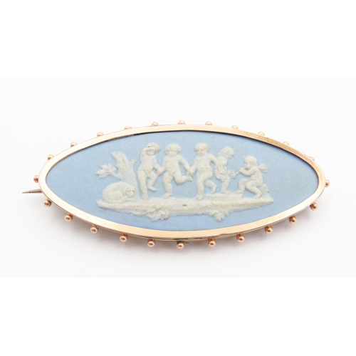 285 - Jasperware Wedgwood Brooch Mounted in 9 Carat Yellow Gold with Playful Cherubs and Resting Dog 7cm W... 