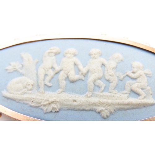 285 - Jasperware Wedgwood Brooch Mounted in 9 Carat Yellow Gold with Playful Cherubs and Resting Dog 7cm W... 