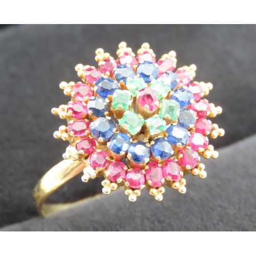 296 - Ruby Sapphire and Emerald Set Ladies Cluster Ring Minted in 18 Carat Yellow Gold Ring Size W