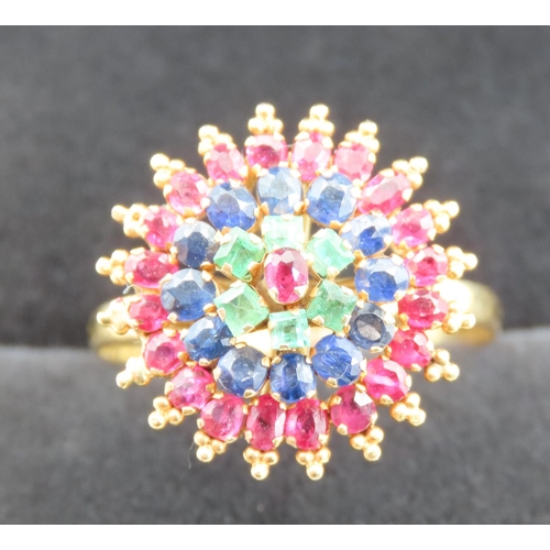 296 - Ruby Sapphire and Emerald Set Ladies Cluster Ring Minted in 18 Carat Yellow Gold Ring Size W