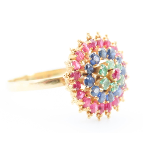 296 - Ruby Sapphire and Emerald Set Ladies Cluster Ring Minted in 18 Carat Yellow Gold Ring Size W