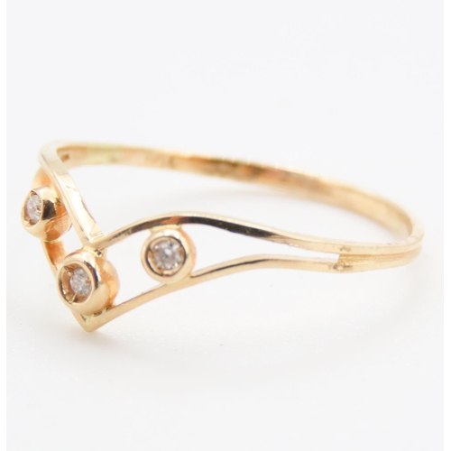 305 - Three Stone Diamond Set Ladies Wishbone Motif Ring Set in 18 Carat Yellow Gold Ring Size Q