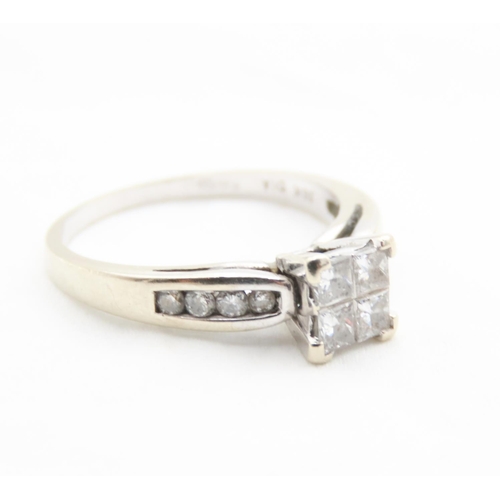 31 - Four Square Cut Diamond Ring with Further Diamonds Set to Shoulders Mounted in 18 Carat White Gold T... 