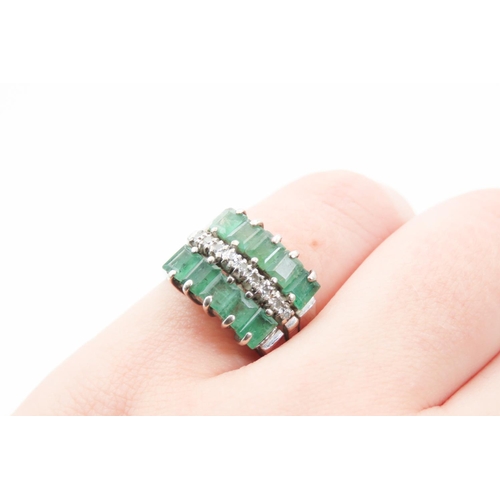 312 - Ten Stone Emerald and Diamond Set Ladies Ring Mounted in 18 Carat White Gold Ring Size K