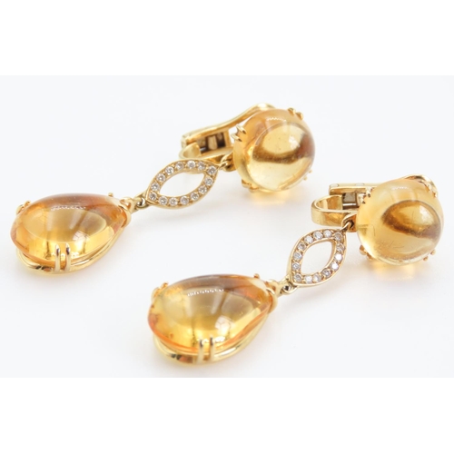 Polished Citrine and Diamond Set 18 Carat Yellow Gold Drop Earrings 5cm Long Total Citrine Carat Weight Approximately 6.70ct Total Diamond Carat Weight Approximately 0.25ct