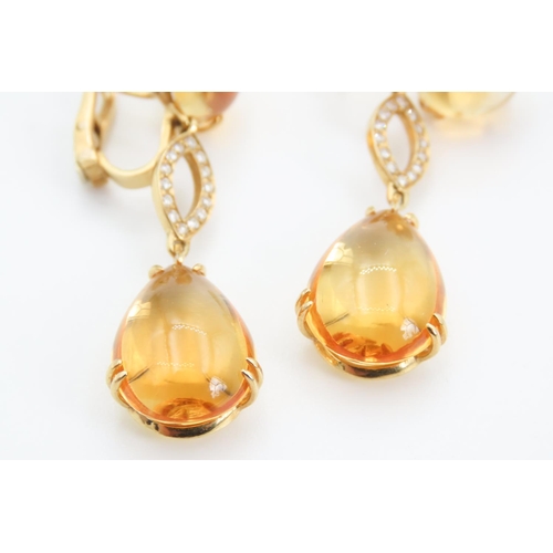 313 - Polished Citrine and Diamond Set 18 Carat Yellow Gold Drop Earrings 5cm Long Total Citrine Carat Wei... 