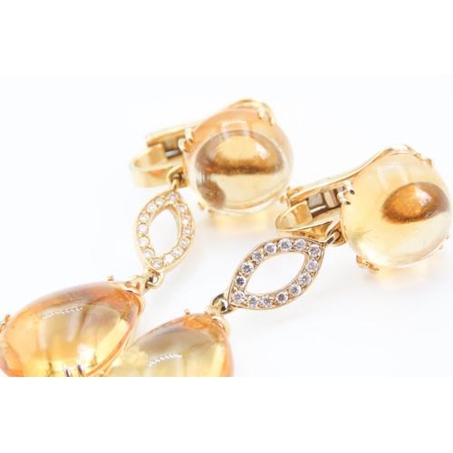 313 - Polished Citrine and Diamond Set 18 Carat Yellow Gold Drop Earrings 5cm Long Total Citrine Carat Wei... 