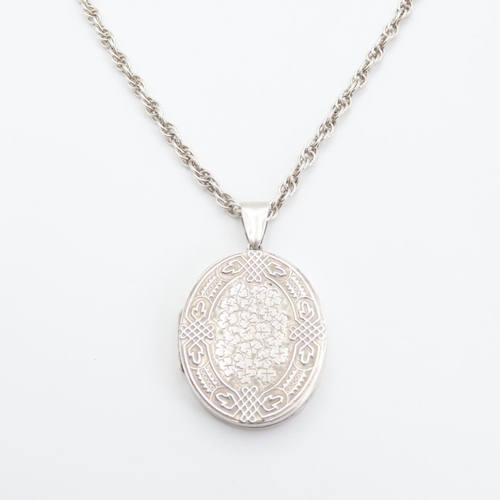 316 - Large Silver Locket Pendant with Clover Pattern Design 5cm High Further Set on Silver Chain 60cm Lon... 