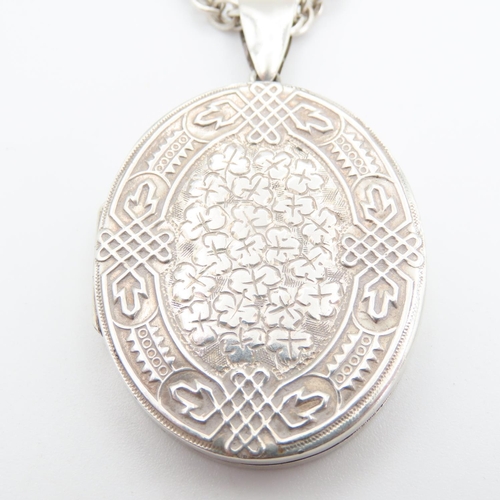 316 - Large Silver Locket Pendant with Clover Pattern Design 5cm High Further Set on Silver Chain 60cm Lon... 