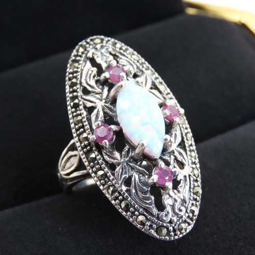 318 - Opal Marcasite and Ruby Set Ring Attractively Detailed Floral Pilgrim Mounted in Sterling Silver Rin... 