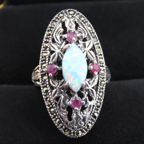 318 - Opal Marcasite and Ruby Set Ring Attractively Detailed Floral Pilgrim Mounted in Sterling Silver Rin... 