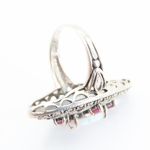 318 - Opal Marcasite and Ruby Set Ring Attractively Detailed Floral Pilgrim Mounted in Sterling Silver Rin... 