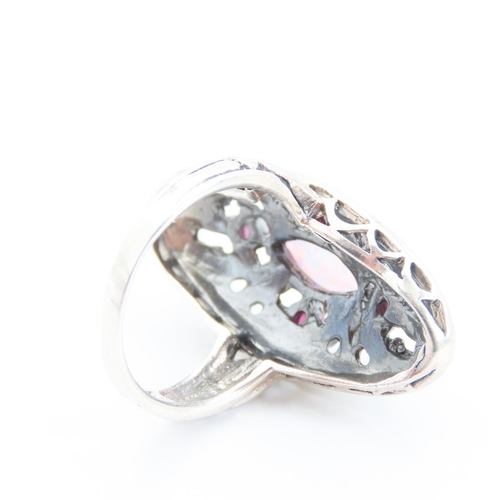 318 - Opal Marcasite and Ruby Set Ring Attractively Detailed Floral Pilgrim Mounted in Sterling Silver Rin... 