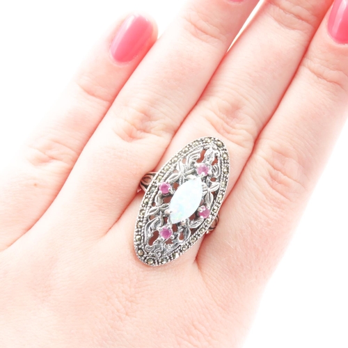 318 - Opal Marcasite and Ruby Set Ring Attractively Detailed Floral Pilgrim Mounted in Sterling Silver Rin... 