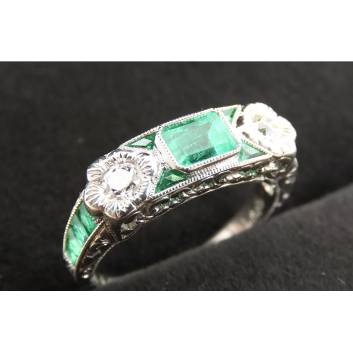 329 - Emerald and Diamond Set Ladies Ring Mounted in Platinum Ring Size M and a Half