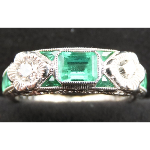 329 - Emerald and Diamond Set Ladies Ring Mounted in Platinum Ring Size M and a Half