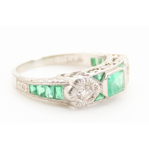 329 - Emerald and Diamond Set Ladies Ring Mounted in Platinum Ring Size M and a Half